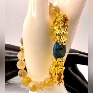 GOLD RUTILATED QUARTZ + SEA JASPER NATURAL STONES BRACELET size 7.5”